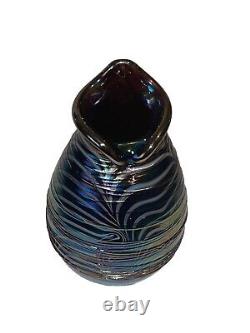 Late Terry Crider 1984 Vintage Art Glass Iridescent Purple Vase Signed Threaded