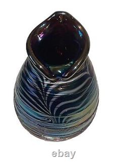 Late Terry Crider 1984 Vintage Art Glass Iridescent Purple Vase Signed Threaded