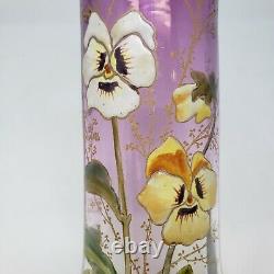 Legras Lamartine Style Art Glass 7.75 Vase, Enameled Pansies, Purple, Gold Leaf