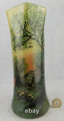 Legras Pâte de Verre art nouveau/art deco painted art glass vase. Signed