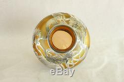Loetz Amber Iridized Art Glass Sterling Silver Overlay Art Nouveau Cabinet Vase