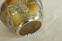Loetz Amber Iridized Art Glass Sterling Silver Overlay Art Nouveau Cabinet Vase