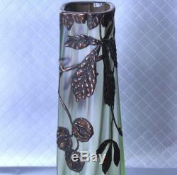 Loetz Art Glass Vase Bronze Mount Iridescent Twist Square Form