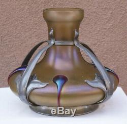 Loetz Bohemian Gold Iridescent Glass Vase Art Nouveau Pewter Frame Attr Kralik