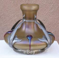Loetz Bohemian Gold Iridescent Glass Vase Art Nouveau Pewter Frame Attr Kralik