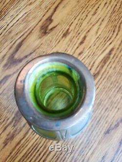 Loetz Bohemian Kralik Arts & Crafts Green Art Glass Vase with Copper Overlay