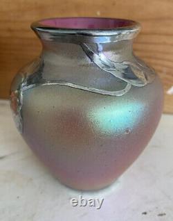 Loetz Iridescent Glass Vase Art Nouveau With Sterling Silver Overlay