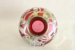 Loetz Red Iridized Art Glass Sterling Silver Overlay Art Nouveau Cabinet Vase