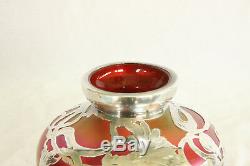 Loetz Red Iridized Art Glass Sterling Silver Overlay Art Nouveau Cabinet Vase