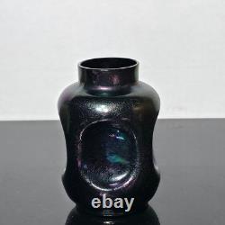 Loetz Style Iridescent Art Glass Vase Art Nouveau Dimpled Purple Green