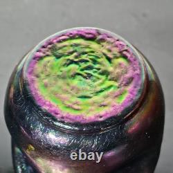 Loetz Style Iridescent Art Glass Vase Art Nouveau Dimpled Purple Green