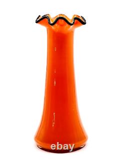 Loetz Tango Blown Glass Vase Orange With Black Ruffle Rim Bohemian Czech Labeled