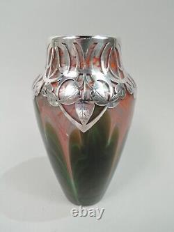 Loetz Vase Antique Art Nouveau Iridescent Austrian Glass Silver Overlay