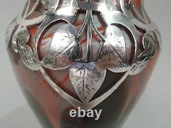 Loetz Vase Antique Art Nouveau Iridescent Austrian Glass Silver Overlay