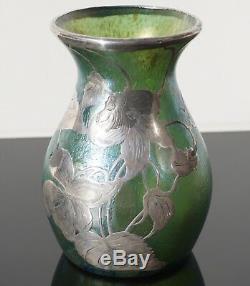 Loetz Widow Creta Papillon Iridescent Glass Vase with Silver Overlay Art Nouveau