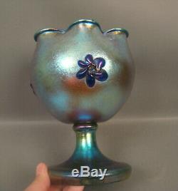 Loetz /czech Art Glass Footed Vase With Applied Flowers