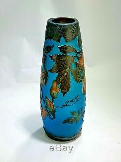 Lovely Style Galle Cameo Art Glass Draping Floral Design Vase In Aqua BLue