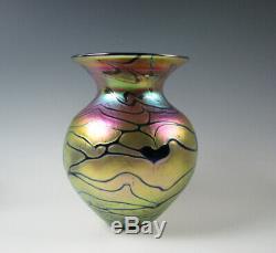Lundberg Studios Gold Iridescent with Hearts Art Glass Vase 2013