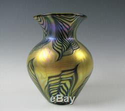 Lundberg Studios Green and Gold Iridescent Art Glass Vase