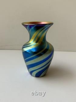 Lundberg Studios Royal Zebra Art Glass Vase Blue Gold Hand Blown Signed