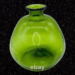 MCM BLENKO Seeded Olive Green Blown Bulbous Glass Bottle Vase Small Mouth 8.5