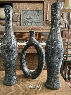 MCM Crackle Glass Vase Set Black Gray Sculptural Textured Art Decor Tall Art