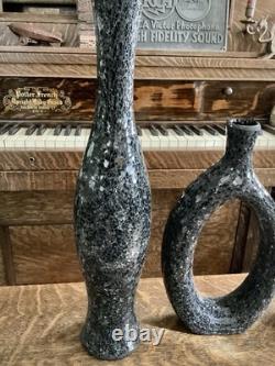 MCM Crackle Glass Vase Set Black Gray Sculptural Textured Art Decor Tall Art