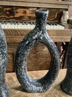 MCM Crackle Glass Vase Set Black Gray Sculptural Textured Art Decor Tall Art
