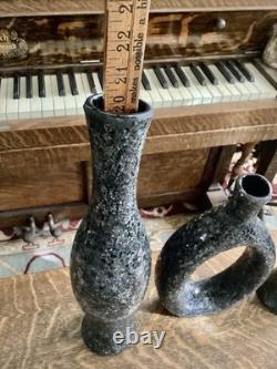 MCM Crackle Glass Vase Set Black Gray Sculptural Textured Art Decor Tall Art