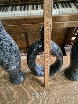 MCM Crackle Glass Vase Set Black Gray Sculptural Textured Art Decor Tall Art