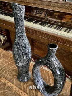 MCM Crackle Glass Vase Set Black Gray Sculptural Textured Art Decor Tall Art