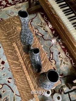 MCM Crackle Glass Vase Set Black Gray Sculptural Textured Art Decor Tall Art