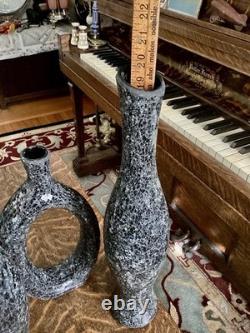 MCM Crackle Glass Vase Set Black Gray Sculptural Textured Art Decor Tall Art