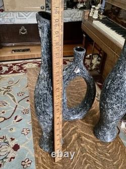 MCM Crackle Glass Vase Set Black Gray Sculptural Textured Art Decor Tall Art