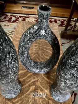 MCM Crackle Glass Vase Set Black Gray Sculptural Textured Art Decor Tall Art
