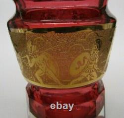 MOSER Bohemian Art Glass Cranberry Gold Gilt FRIEZE Cut Crystal BIG 11 Vase