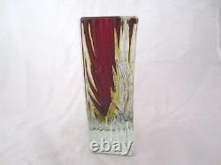 Mandruzzato Textured & Faceted Murano RUBY RED & AMBER art glass block vase