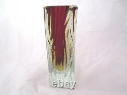Mandruzzato Textured & Faceted Murano RUBY RED & AMBER art glass block vase