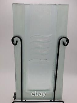 Mark Hines Clear And Frosted Glass Art Floating Flat Vase With Metal Stand 14in