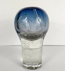 Mark Sudduth Modern Geometric Lines Blue Studio Art Glass Vase Bowl Hand Blown