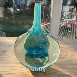 Mdina Lollipop Fish Art Glass Bud Vase 7.5 Ice Faceted Cut Blue Gold Very Heavy