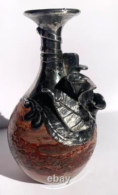 Mid 20th Century Silver Sterling Overlay Art Glass Vase 60s