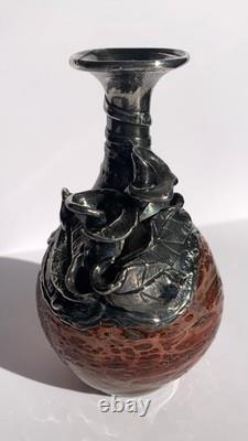 Mid 20th Century Silver Sterling Overlay Art Glass Vase 60s