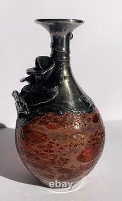Mid 20th Century Silver Sterling Overlay Art Glass Vase 60s