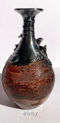 Mid 20th Century Silver Sterling Overlay Art Glass Vase 60s