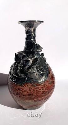Mid 20th Century Silver Sterling Overlay Art Glass Vase 60s