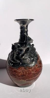 Mid 20th Century Silver Sterling Overlay Art Glass Vase 60s