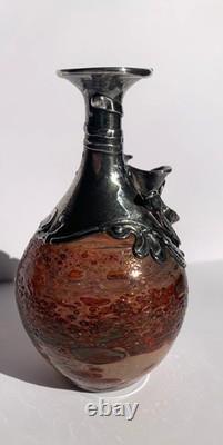 Mid 20th Century Silver Sterling Overlay Art Glass Vase 60s