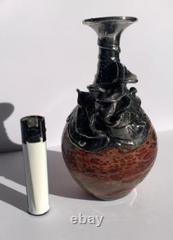 Mid 20th Century Silver Sterling Overlay Art Glass Vase 60s
