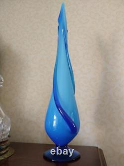 Mid Century Modern 1960s Art Glass Vase Lge Tall Blue Overlaid White VGC